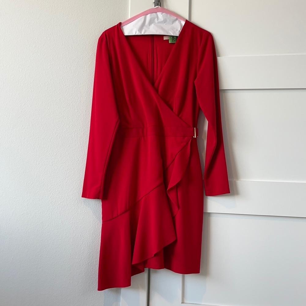 Gorgeous red faux-wrap dress with gold hardware